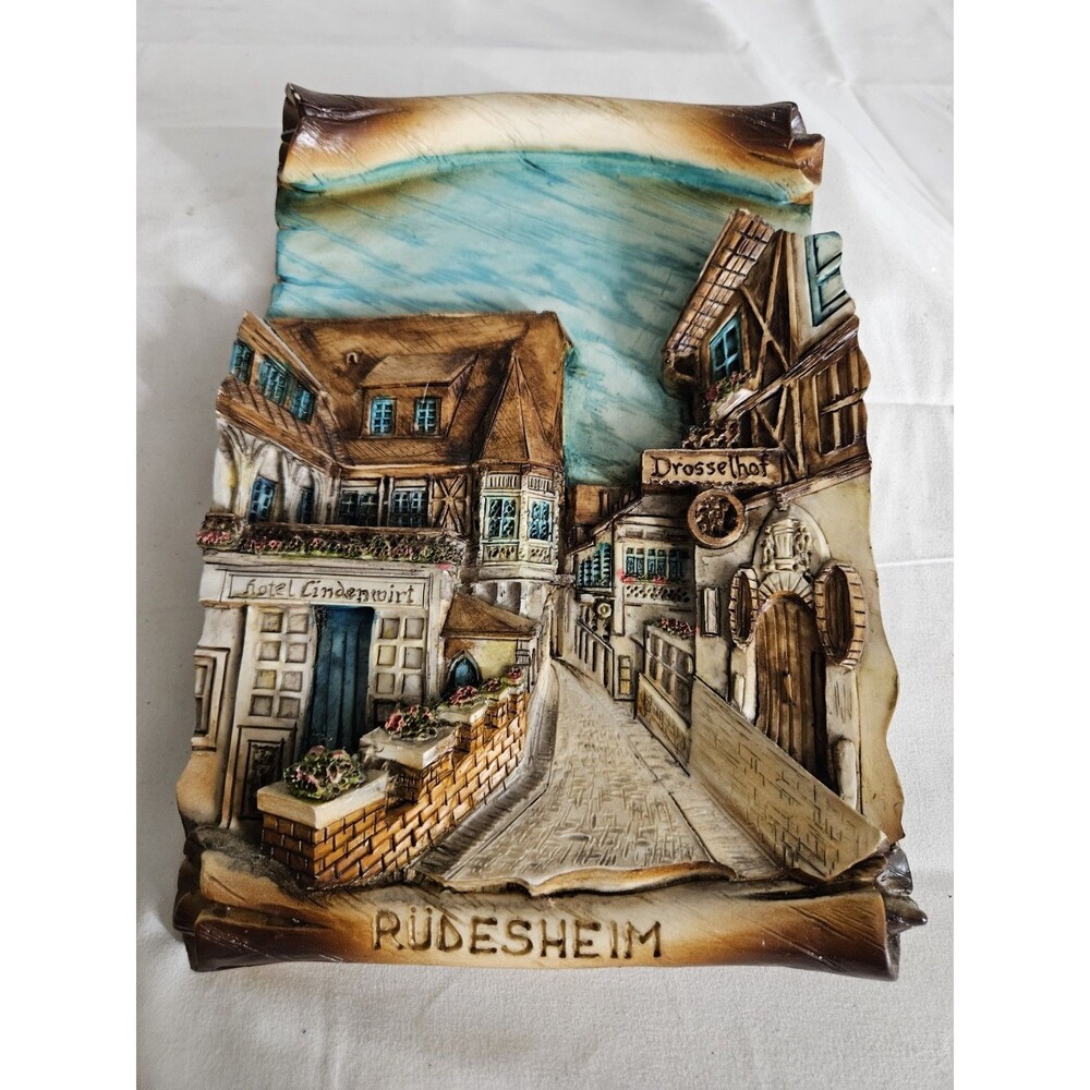 Vintage Rudesheim 9" Wall Plaque 3D Relief Germany Souvenir Old World Town City